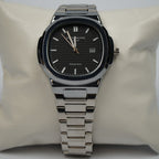 Silver watch with black face on a white cushion