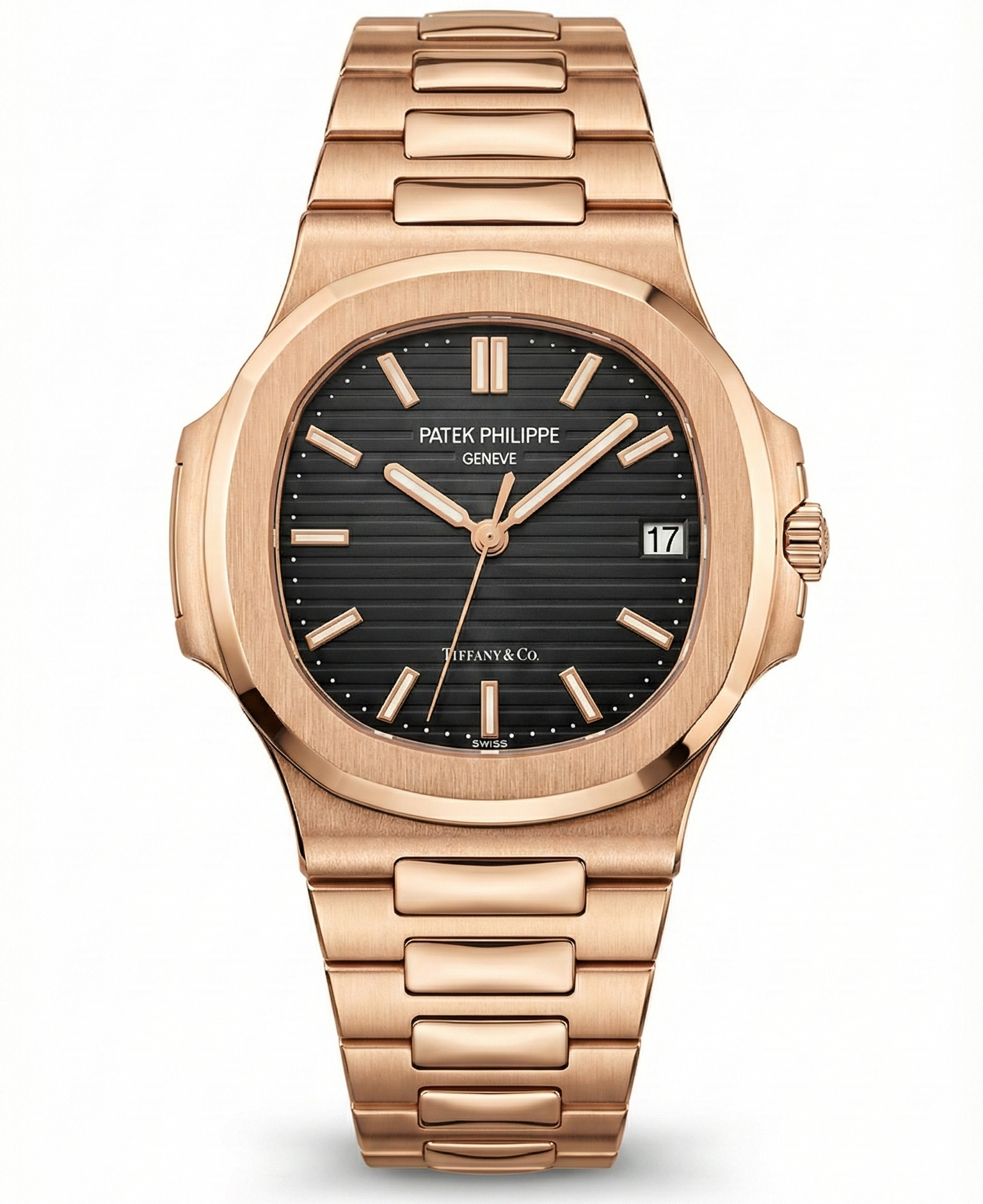 Rose gold watch with black dial on a white background