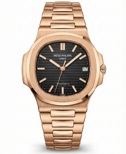 Rose gold watch with black dial on a white background