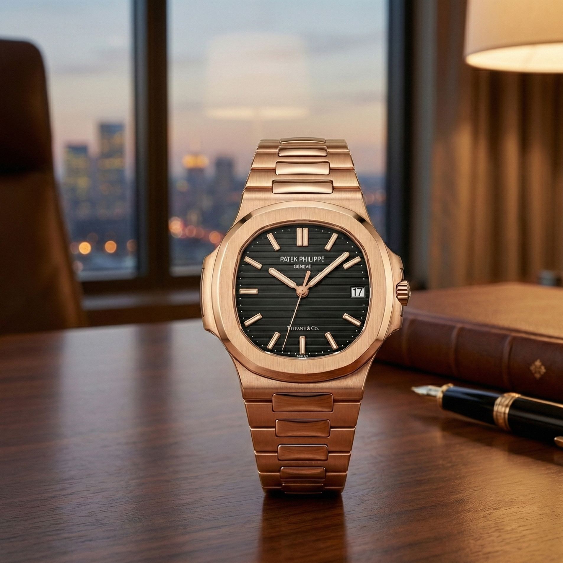 Rose gold watch on a wooden surface with a blurred cityscape background